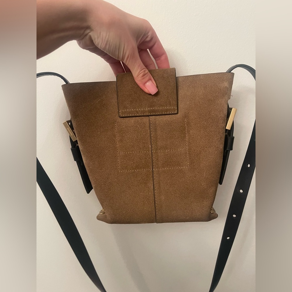 AllSaints Suede Crossbody Bucket Bag in Taupe with Black Strap - Picture 9 of 13